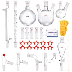 Lab Distillation Kit, 3.3 Boro Lab Glassware Distillation Kit with 24, 40 Joint, 1000ml Essential Oil Distillation Apparatus Kit, 29 pcs Set of Glassware Equipment
