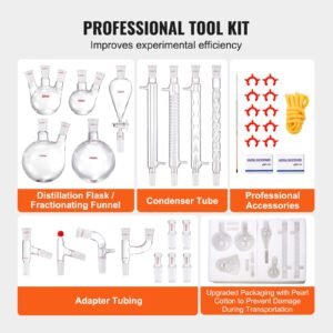 lab distillation kit, 3.3 boro lab glassware distillation kit with 24, 40 joint, 1000ml essential oil distillation apparatus kit, 32 pcs set of glassware equipment