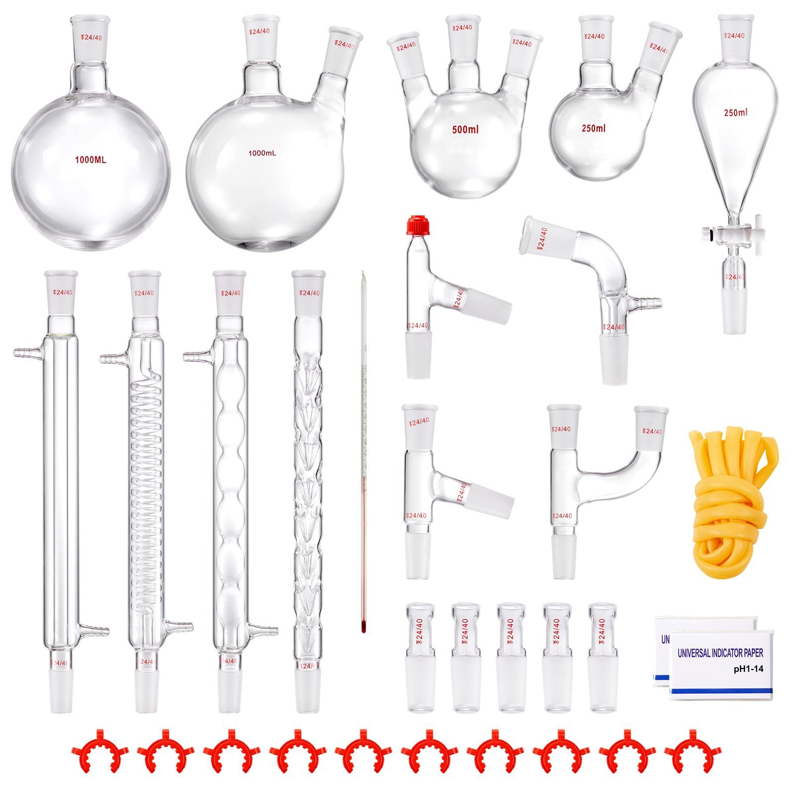lab distillation kit, 3.3 boro lab glassware distillation kit with 24, 40 joint, 1000ml essential oil distillation apparatus kit, 32 pcs set of glassware equipment