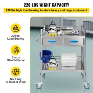lab serving cart, 2 layers stainless steel utility rolling cart, medical cart with two drawers, dental utility cart with lockable wheels and a bucket, for laboratory, hospital, dental use