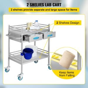 lab serving cart, 2 layers stainless steel utility rolling cart, medical cart with two drawers, dental utility cart with lockable wheels and a bucket, for laboratory, hospital, dental use