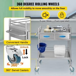 lab serving cart, 2 layers stainless steel utility rolling cart, medical cart with two drawers, dental utility cart with lockable wheels and a bucket, for laboratory, hospital, dental use