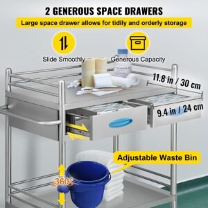 lab serving cart, 2 layers stainless steel utility rolling cart, medical cart with two drawers, dental utility cart with lockable wheels and a bucket, for laboratory, hospital, dental use