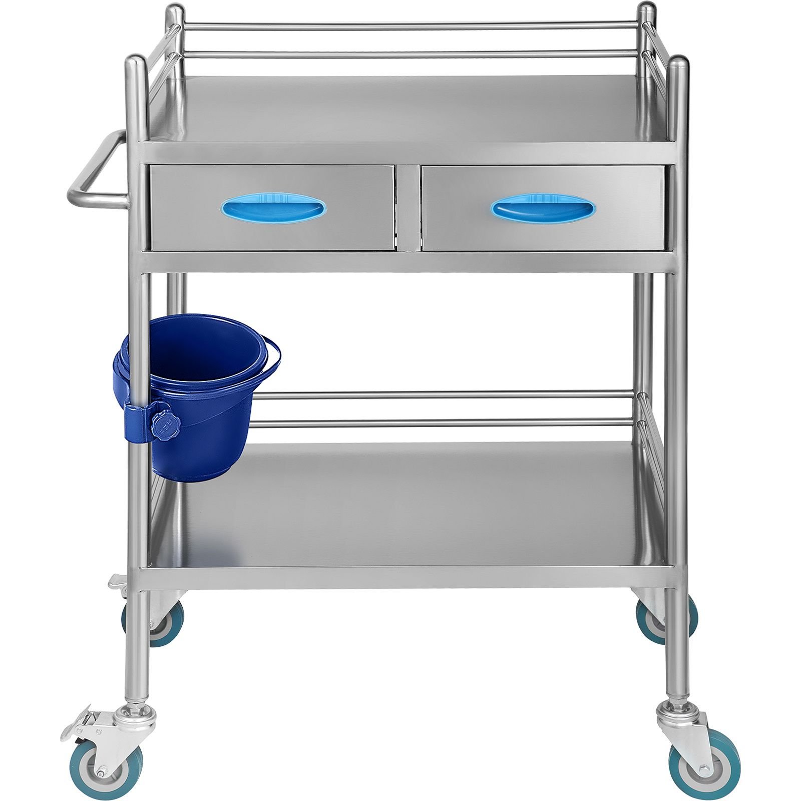 lab serving cart, 2 layers stainless steel utility rolling cart, medical cart with two drawers, dental utility cart with lockable wheels and a bucket, for laboratory, hospital, dental use