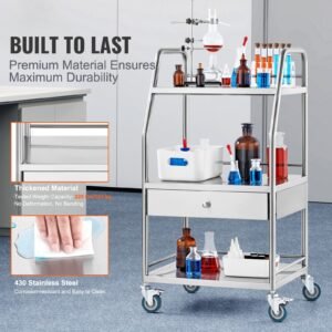 lab serving cart, 3 layers stainless steel utility rolling cart, medical cart with a drawer, dental utility cart with lockable wheels, for laboratory, hospital, dental use