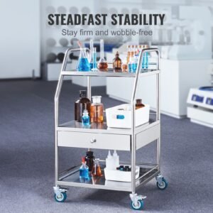 lab serving cart, 3 layers stainless steel utility rolling cart, medical cart with a drawer, dental utility cart with lockable wheels, for laboratory, hospital, dental use