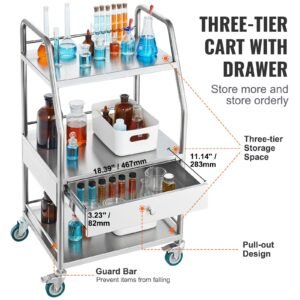 lab serving cart, 3 layers stainless steel utility rolling cart, medical cart with a drawer, dental utility cart with lockable wheels, for laboratory, hospital, dental use