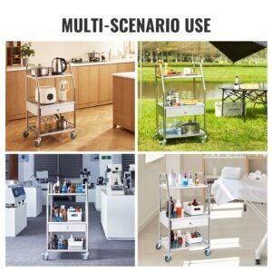 lab serving cart, 3 layers stainless steel utility rolling cart, medical cart with a drawer, dental utility cart with lockable wheels, for laboratory, hospital, dental use