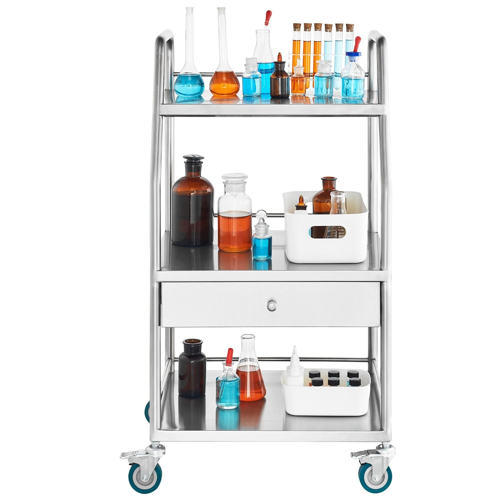lab serving cart, 3 layers stainless steel utility rolling cart, medical cart with a drawer, dental utility cart with lockable wheels, for laboratory, hospital, dental use
