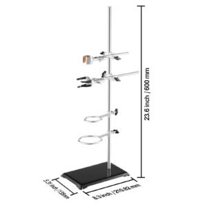 lab stand support, laboratory retort support stand 2 sets, steel lab stand 23.6" rod and 8.3" x 5.3" cast iron base, includes flask clamps, burette clamps and cross clamps