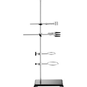lab stand support, laboratory retort support stand 2 sets, steel lab stand 23.6" rod and 8.3" x 5.3" cast iron base, includes flask clamps, burette clamps and cross clamps