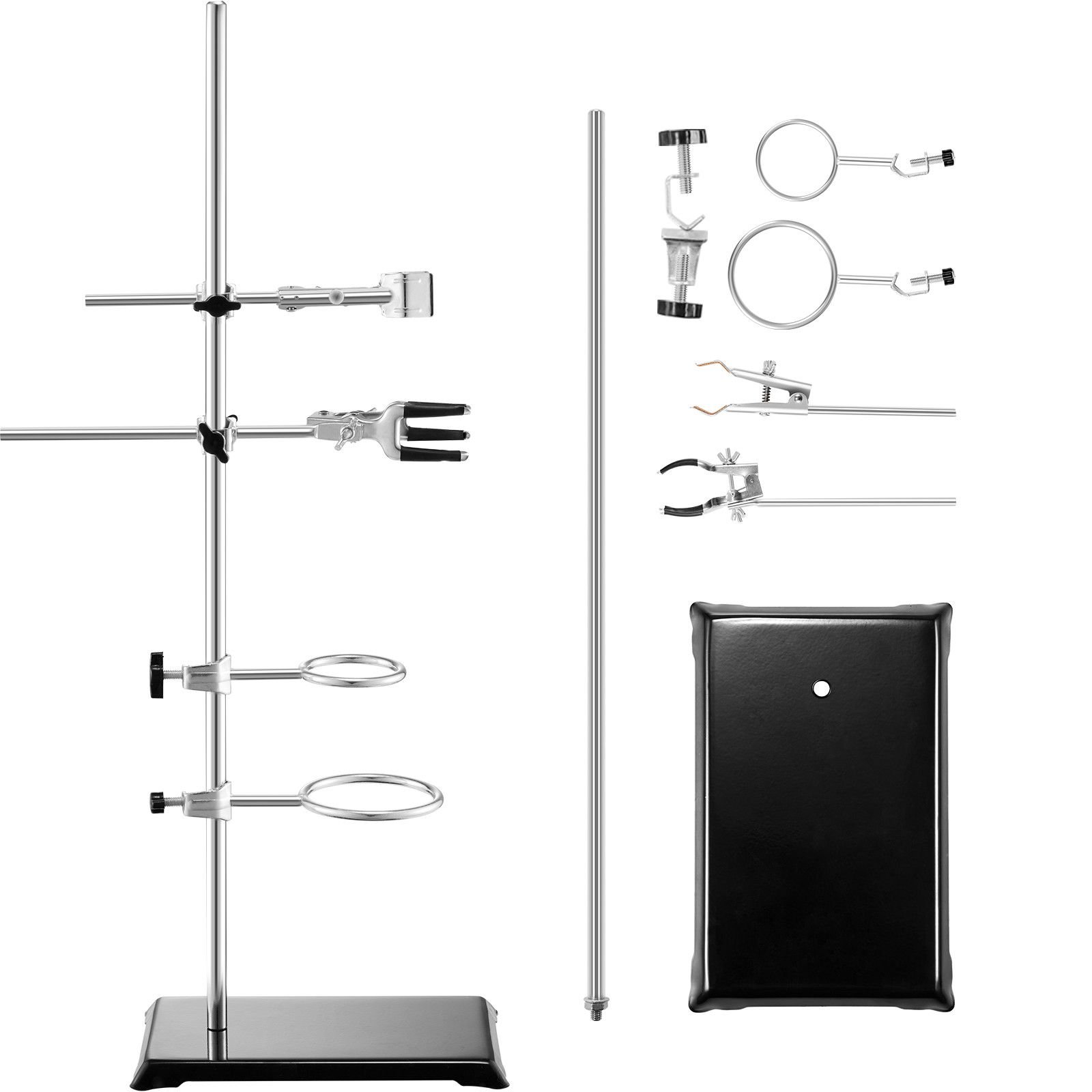 lab stand support, laboratory retort support stand 2 sets, steel lab stand 23.6" rod and 8.3" x 5.3" cast iron base, includes flask clamps, burette clamps and cross clamps