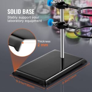 lab stand support, laboratory retort support stand set, steel lab stand 23.6" rod and 8.3" x 5.3" cast iron base, includes flask clamps, a burette clamp and cross clamps