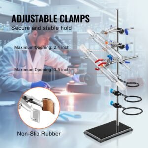 lab stand support, laboratory retort support stand set, steel lab stand 23.6" rod and 8.3" x 5.3" cast iron base, includes flask clamps, a burette clamp and cross clamps