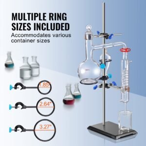 lab stand support, laboratory retort support stand set, steel lab stand 23.6" rod and 8.3" x 5.3" cast iron base, includes flask clamps, a burette clamp and cross clamps