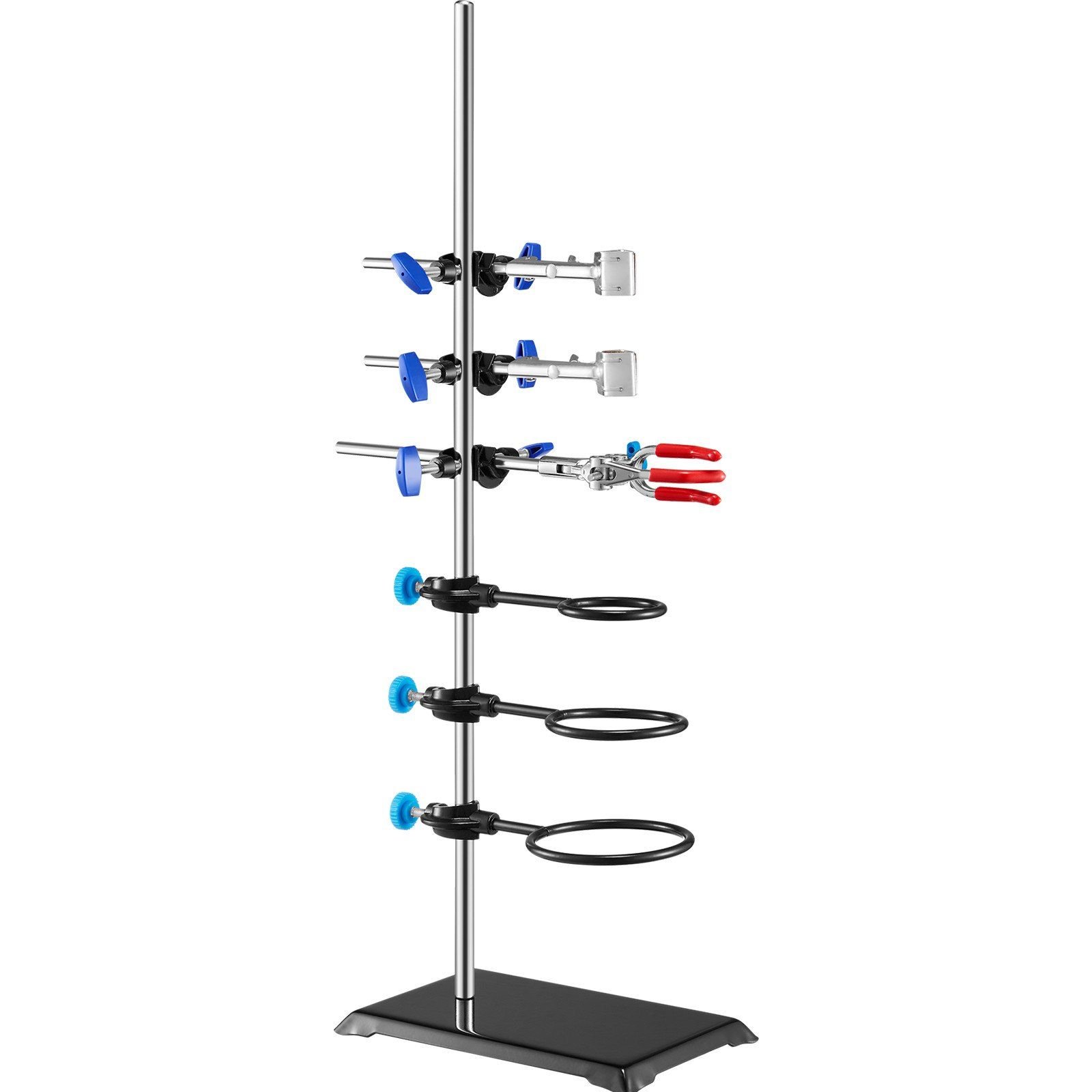 lab stand support, laboratory retort support stand set, steel lab stand 23.6" rod and 8.3" x 5.3" cast iron base, includes flask clamps, a burette clamp and cross clamps