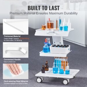 lab trolley, 3 layer rolling lab cart, metal mobile trolley with swivel wheels, tray rolling clinic cart 220 lbs weight capacity, for lab, clinic, beauty and salon