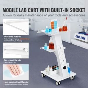 Lab Trolley, Rolling Lab Cart with Built-in Socket, 3-Layer Metal Mobile Trolley, Tray Rolling Clinic Cart with Swivel Wheels, 220 lbs Weight Capacity, for Lab, Clinic, Beauty and Salon
