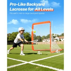 lacrosse goal, 4' x 4' small kids lacrosse net, folding portable lacrosse goal with carry bag, iron frame backyard training equipment, quick & easy setup, perfect for youth training, orange