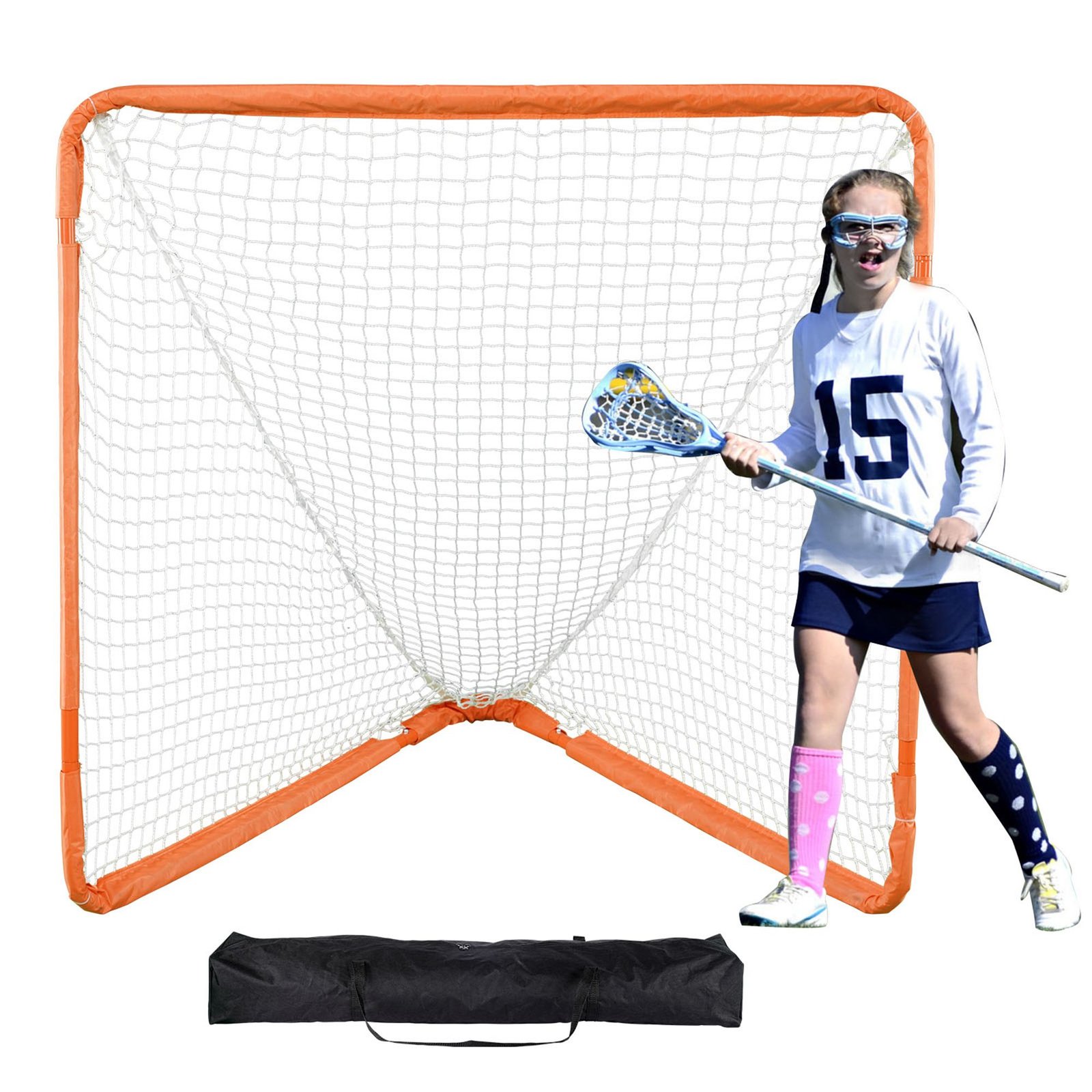 lacrosse goal, 4' x 4' small kids lacrosse net, folding portable lacrosse goal with carry bag, iron frame backyard training equipment, quick & easy setup, perfect for youth training, orange