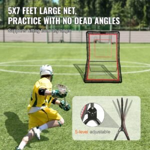 lacrosse rebounder for backyard, 5x7 ft volleyball bounce back net, pitchback throwback baseball softball return training screen, adjustable angle shooting practice training wall with target