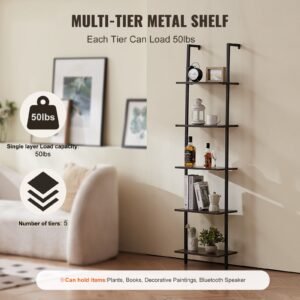 ladder shelf, 5 tier bookshelf 15.6x11.8in, open wall mounted ladder shelf with metal frame,storage rack sundries holder for kitchen bedroom bathroom living room, black