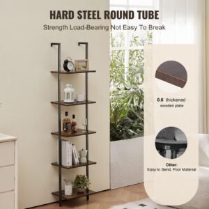 ladder shelf, 5 tier bookshelf 15.6x11.8in, open wall mounted ladder shelf with metal frame,storage rack sundries holder for kitchen bedroom bathroom living room, black