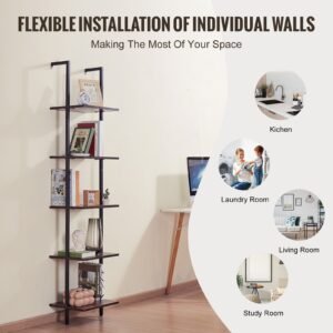 ladder shelf, 5 tier bookshelf 15.6x11.8in, open wall mounted ladder shelf with metal frame,storage rack sundries holder for kitchen bedroom bathroom living room, black