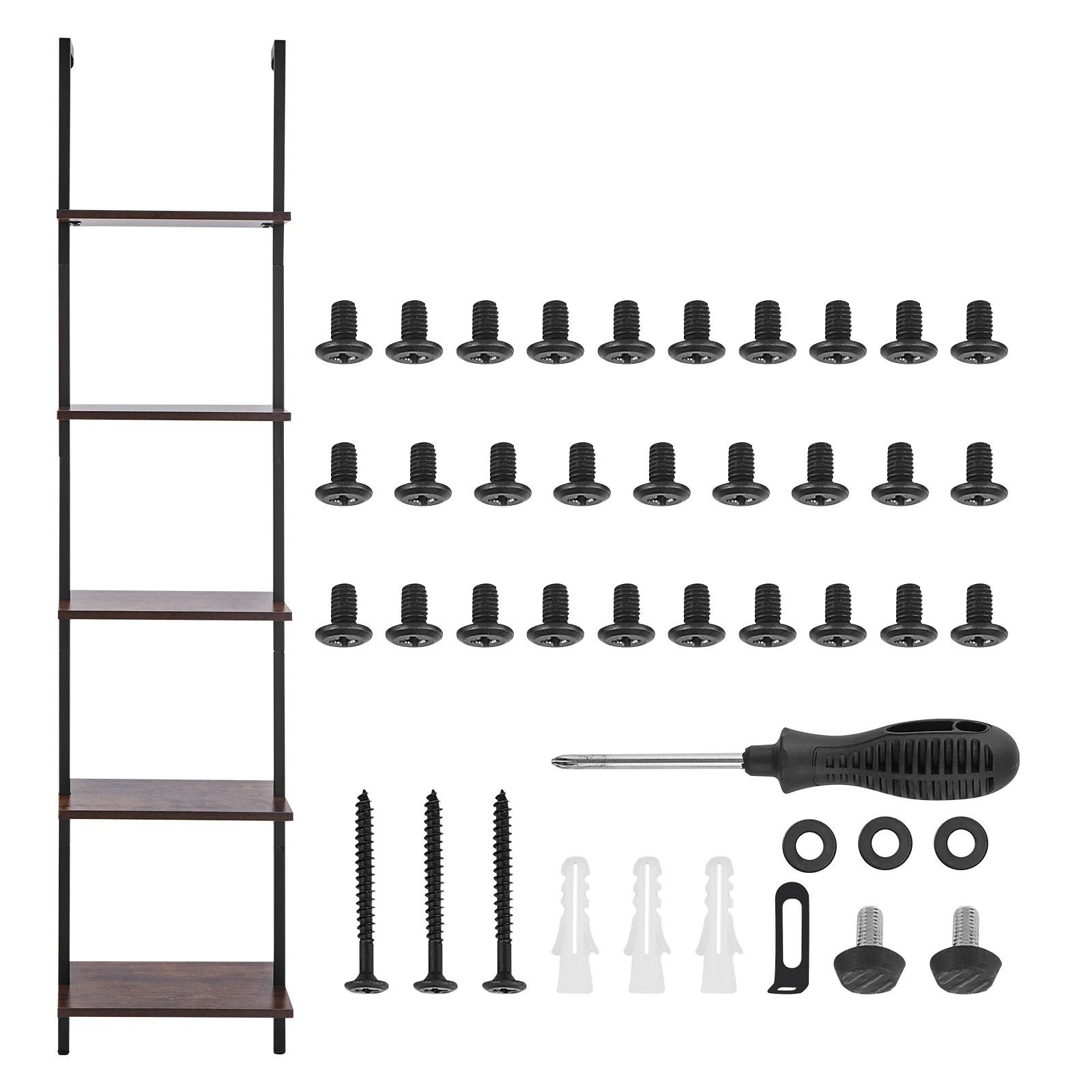 ladder shelf, 5 tier bookshelf 15.6x11.8in, open wall mounted ladder shelf with metal frame,storage rack sundries holder for kitchen bedroom bathroom living room, black