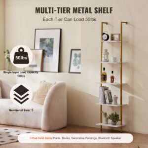ladder shelf, 5 tier bookshelf 15.6x11.8in, open wall mounted ladder shelf with metal frame,storage rack sundries holder for kitchen bedroom bathroom living room, gold white