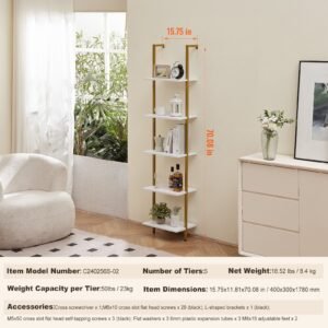 ladder shelf, 5 tier bookshelf 15.6x11.8in, open wall mounted ladder shelf with metal frame,storage rack sundries holder for kitchen bedroom bathroom living room, gold white