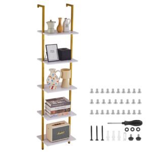 ladder shelf, 5 tier bookshelf 15.6x11.8in, open wall mounted ladder shelf with metal frame,storage rack sundries holder for kitchen bedroom bathroom living room, gold white