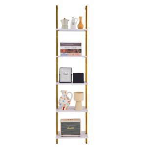 ladder shelf, 5 tier bookshelf 15.6x11.8in, open wall mounted ladder shelf with metal frame,storage rack sundries holder for kitchen bedroom bathroom living room, gold white
