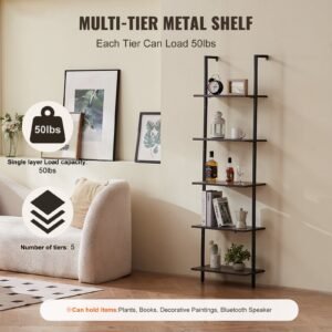 ladder shelf, 5 tier bookshelf 17.3x11.8in, open wall mounted ladder shelf with metal frame,storage rack sundries holder for kitchen bedroom bathroom living room, black