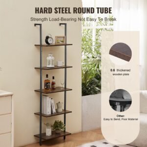ladder shelf, 5 tier bookshelf 17.3x11.8in, open wall mounted ladder shelf with metal frame,storage rack sundries holder for kitchen bedroom bathroom living room, black