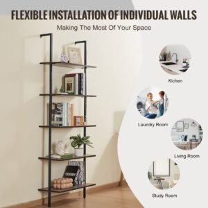 ladder shelf, 5 tier bookshelf 17.3x11.8in, open wall mounted ladder shelf with metal frame,storage rack sundries holder for kitchen bedroom bathroom living room, black