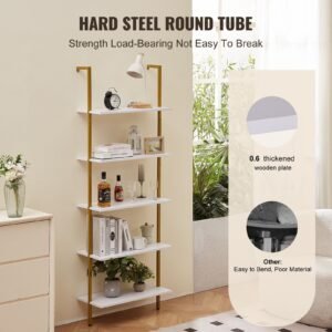 ladder shelf, 5 tier bookshelf 24x11.8in, open wall mounted ladder shelf with metal frame,storage rack sundries holder for kitchen bedroom bathroom living room, gold white