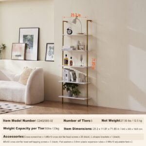 ladder shelf, 5 tier bookshelf 24x11.8in, open wall mounted ladder shelf with metal frame,storage rack sundries holder for kitchen bedroom bathroom living room, gold white