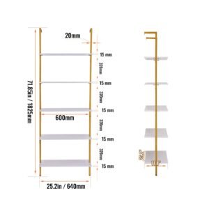 ladder shelf, 5 tier bookshelf 24x11.8in, open wall mounted ladder shelf with metal frame,storage rack sundries holder for kitchen bedroom bathroom living room, gold white