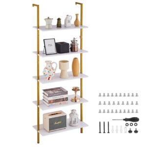 ladder shelf, 5 tier bookshelf 24x11.8in, open wall mounted ladder shelf with metal frame,storage rack sundries holder for kitchen bedroom bathroom living room, gold white