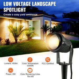 landscape lighting, 6w low voltage led landscape lights, ip66 waterproof landscape spotlights yard lawn garden pathway outdoor lights 12v 24v 450lm warm white 3000k (12 pack with connectors)