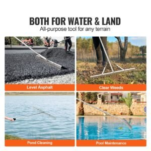 landscape rake, 36" head aluminum landscape rake, lake weed rake with 75" long handle, for loosening soil, lawn care, weeding lake, garden, pond