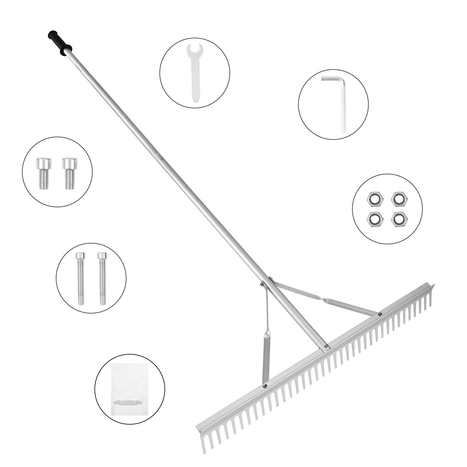 landscape rake, 36" head aluminum landscape rake, lake weed rake with 75" long handle, for loosening soil, lawn care, weeding lake, garden, pond