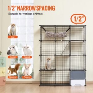 large 4 tier cat cage, 41 x 14 x 55", detachable metal wire cat enclosure, with litter box hammock ramp ladders, indoor & outdoor crate exercise place ideal for kitty, small animals, black