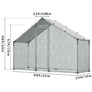 large metal chicken coop,9.8 x 3.3 x 6.6 ft, walk in chicken run house with waterproof cover & sturdy frame, spire roof poultry cage duck pen for rabbit hen goose outdoor backyard farm use