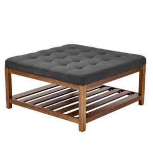 large square ottoman coffee table, 34.5 inch tufted coffee table with solid wood shelf storage, linen solid upholstered footrest ottoman for bedroom living room, 400 lbs, dark gray