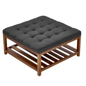 large square ottoman coffee table, 34.5 inch tufted coffee table with solid wood shelf storage, linen solid upholstered footrest ottoman for bedroom living room, 400 lbs, dark gray