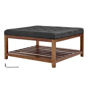 Large Square Ottoman Coffee Table, 34.5 Inch Tufted Coffee Table with Solid Wood Shelf Storage, Linen Solid Upholstered Footrest Ottoman for Bedroom Living Room, 400 LBS, Dark Gray