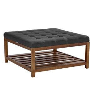 large square ottoman coffee table, 34.5 inch tufted coffee table with solid wood shelf storage, linen solid upholstered footrest ottoman for bedroom living room, 400 lbs, dark gray