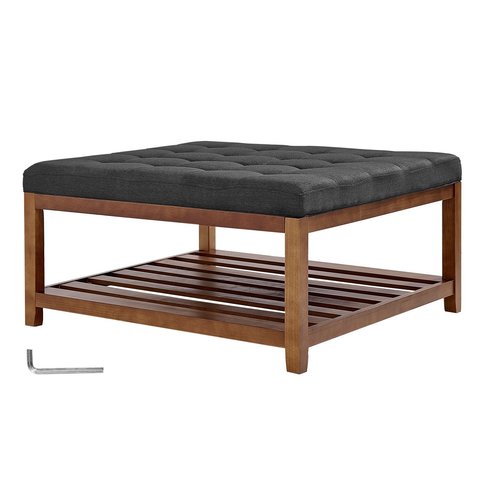 large square ottoman coffee table, 34.5 inch tufted coffee table with solid wood shelf storage, linen solid upholstered footrest ottoman for bedroom living room, 400 lbs, dark gray